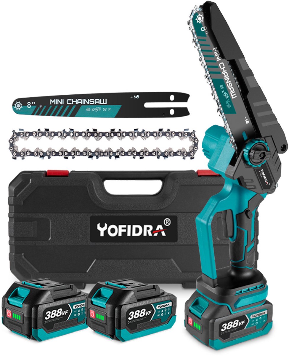 Yofidra Mini kettingzaag - 8" Borstelloze kettingzaag - Met 2 Accus - Automatische Kettingsmering - voor boomtakken, houtzagen