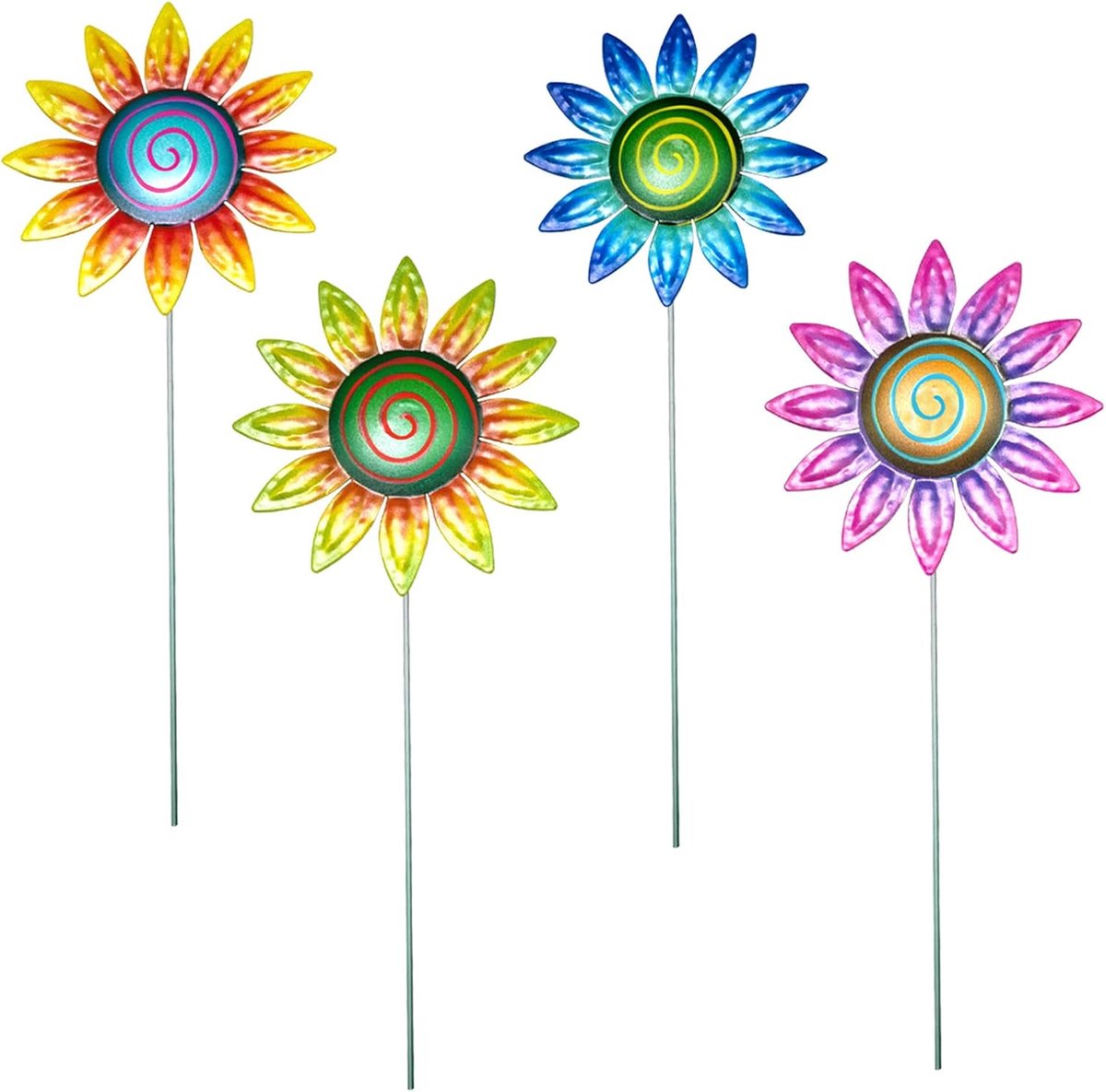 Metalen Tuindecoratie - Bloemen Palen - Tuin Aankleden - Levendige Kleuren - 4 Stuks - Geel Roze Oranje Blauw