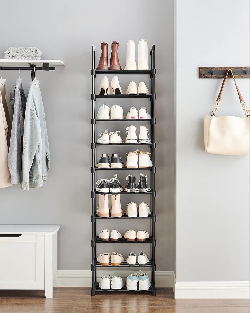 10-laags schoenenrek, metalen opbergmeubel, kan rechtop of ondersteboven worden geplaatst, biedt plaats aan 11-22 paar schoenen, ideaal voor gangen, afmetingen: 30 x 45 x 174 cm, zwart