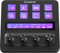 Zwart Stream Deck+ met acht paarse aanraaktoetsen, een LCD-scherm en vier draaiknoppen.