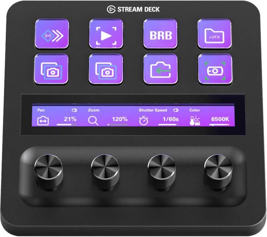 Zwart Stream Deck+ met acht paarse aanraaktoetsen, een LCD-scherm en vier draaiknoppen.