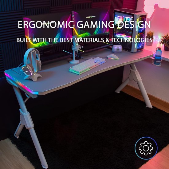 Ergonomische RGB Gaming Desk XL met Headset- en Bekerhouder, Wit — afbeelding 2