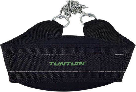 Zwarte diptrainingsriem met groene Tunturi-logo, brede banden en ketting.
