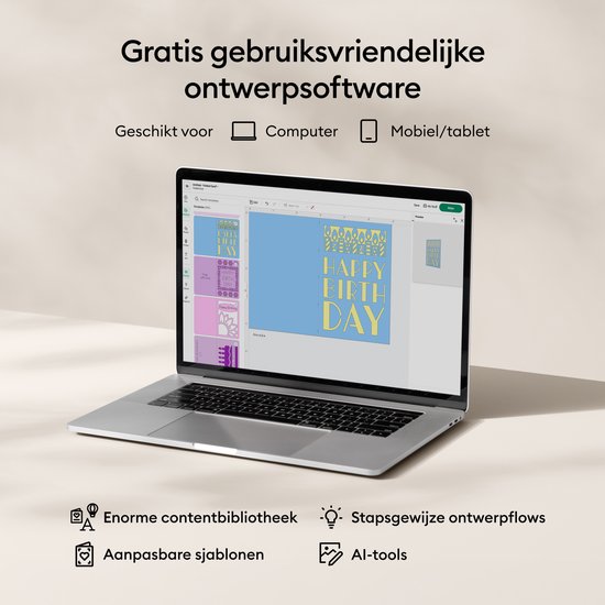 Laptop met Cricut ontwerpsoftware, toont een "Happy Birthday" kaartontwerp.