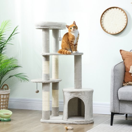 Krabpaal 114 cm kattentoren met holte, sisalstammen, platform, meerdere verdiepingen, voor middelgrote katten tot 6 kg, lichtgrijs