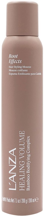 L'ANZA Healing Volume Root Effects Haarmousse, 200g/200ml, in een taupekleurige spuitbus.