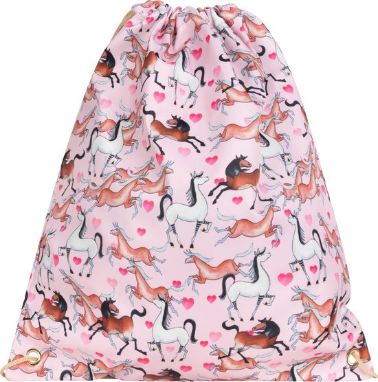 Roze gymtas met paardenprint en hartjes, beige accenten.