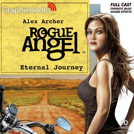 Vrouw met lang bruin haar kijkt naar de kijker. Op de achtergrond staat "Alex Archer Rogue Angel Eternal Journey".
