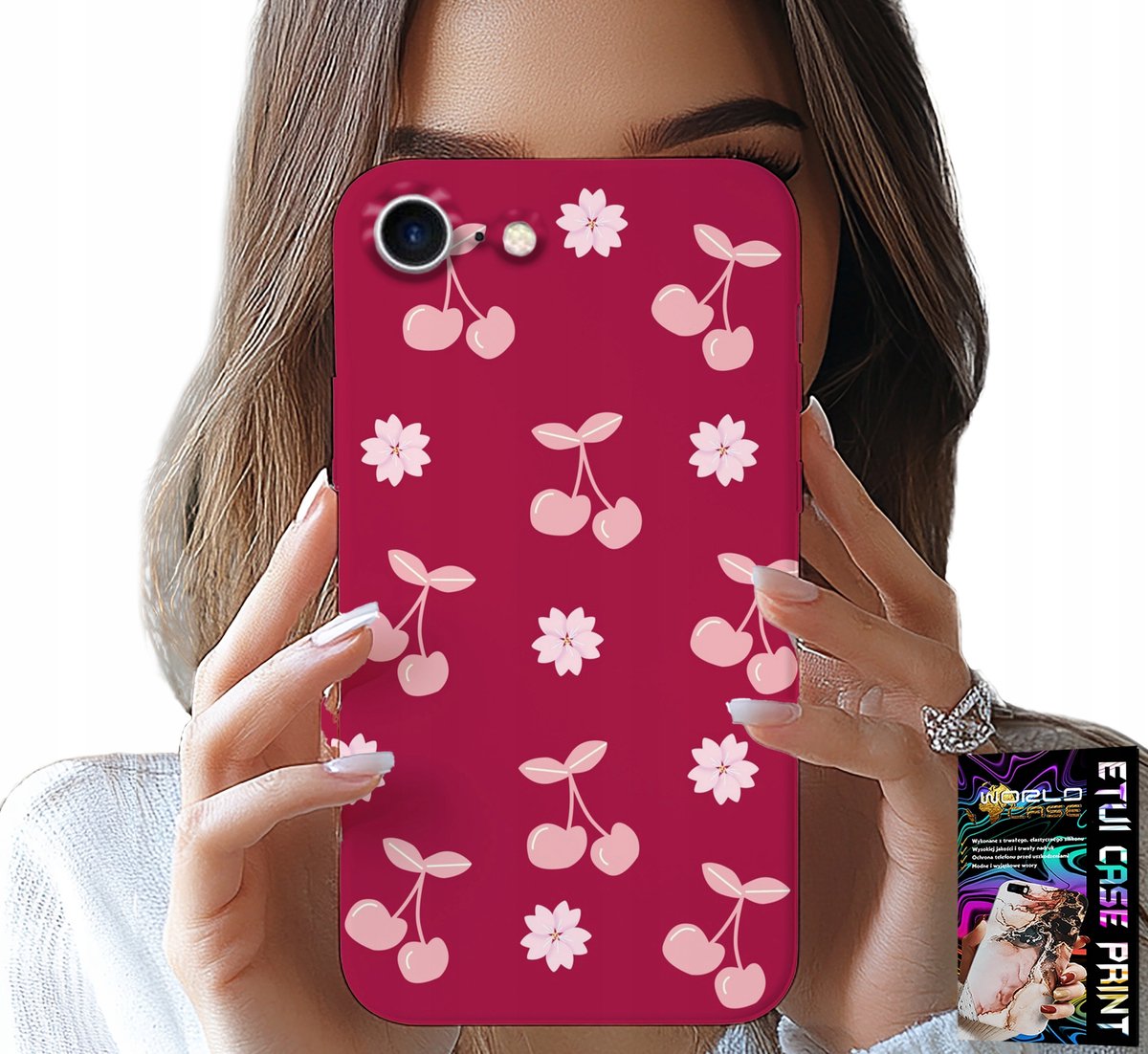 HOESJE VOOR IPHONE 7 / 8 / SE2 - KERSEN, KERSEN OP EEN BORDEAUXROOD ACHTERGROND + FOLIE