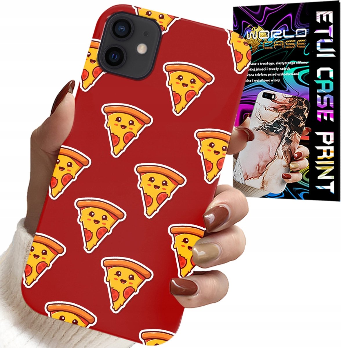 HOESJE VOOR IPHONE 12 MINI - HAPPY PIZZA PATROON OP EEN RODE ACHTERGROND