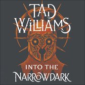Boekomslag 'Into the Narrowdark' van Tad Williams, met een oranje, gedetailleerd helm met stralende ogen en een oranje halo.
