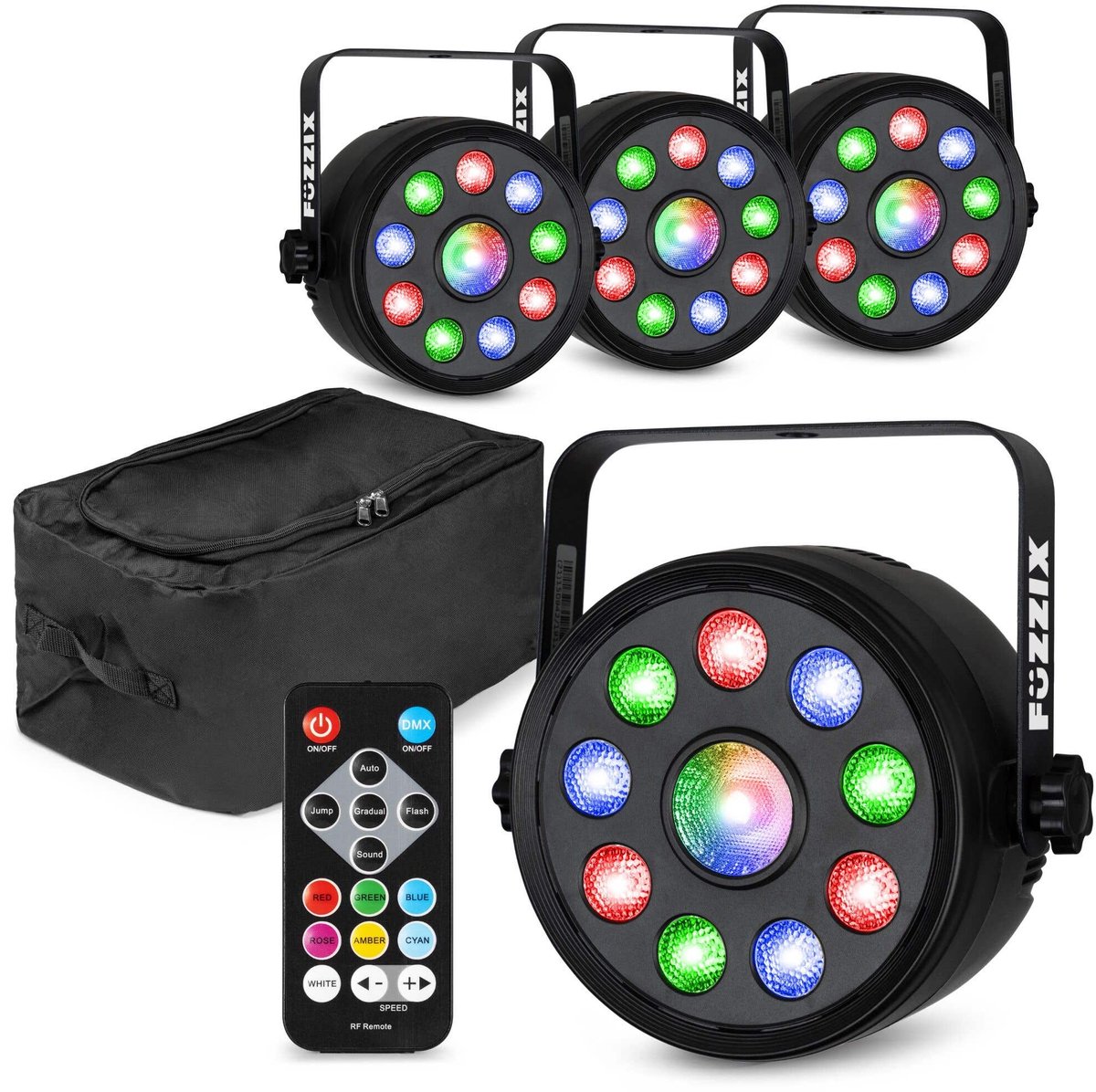 Fuzzix set van 4 PLF15 Party LED parren in flightbag - 9x 2W RGB LED’s en 6W centrale LED - Met DMX