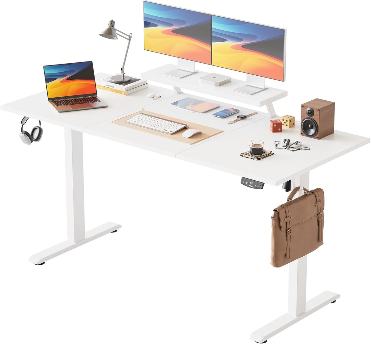 Verstelbaar Bureau - Sta bureau - Thuiswerken - Met monitorstandaard - 160 x 60 cm - Wit