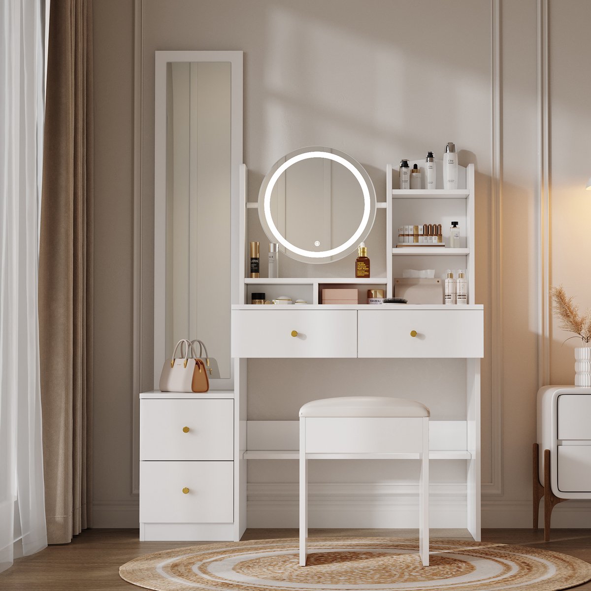 Wishdor - Kaptafel - Met Passpiegel En Draaibare Spiegel - Led-Verlichting En 4 Laden - Spaanplaat - Wit - 109 X 36 X 164 Cm