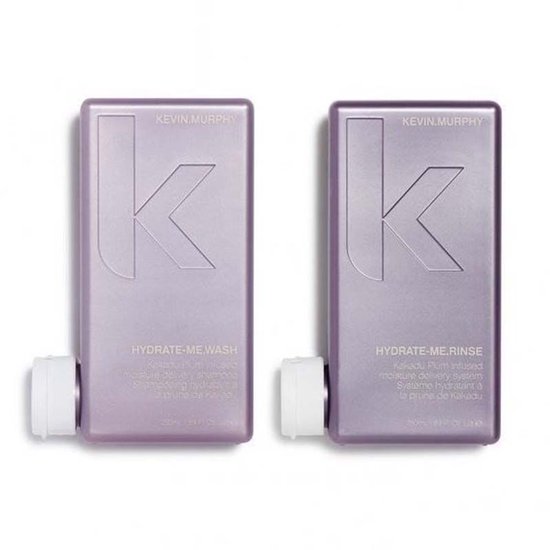 Twee paarse KEVIN.MURPHY flessen met 'K' logo, links HYDRATE-ME.WASH, rechts HYDRATE-ME.RINSE.