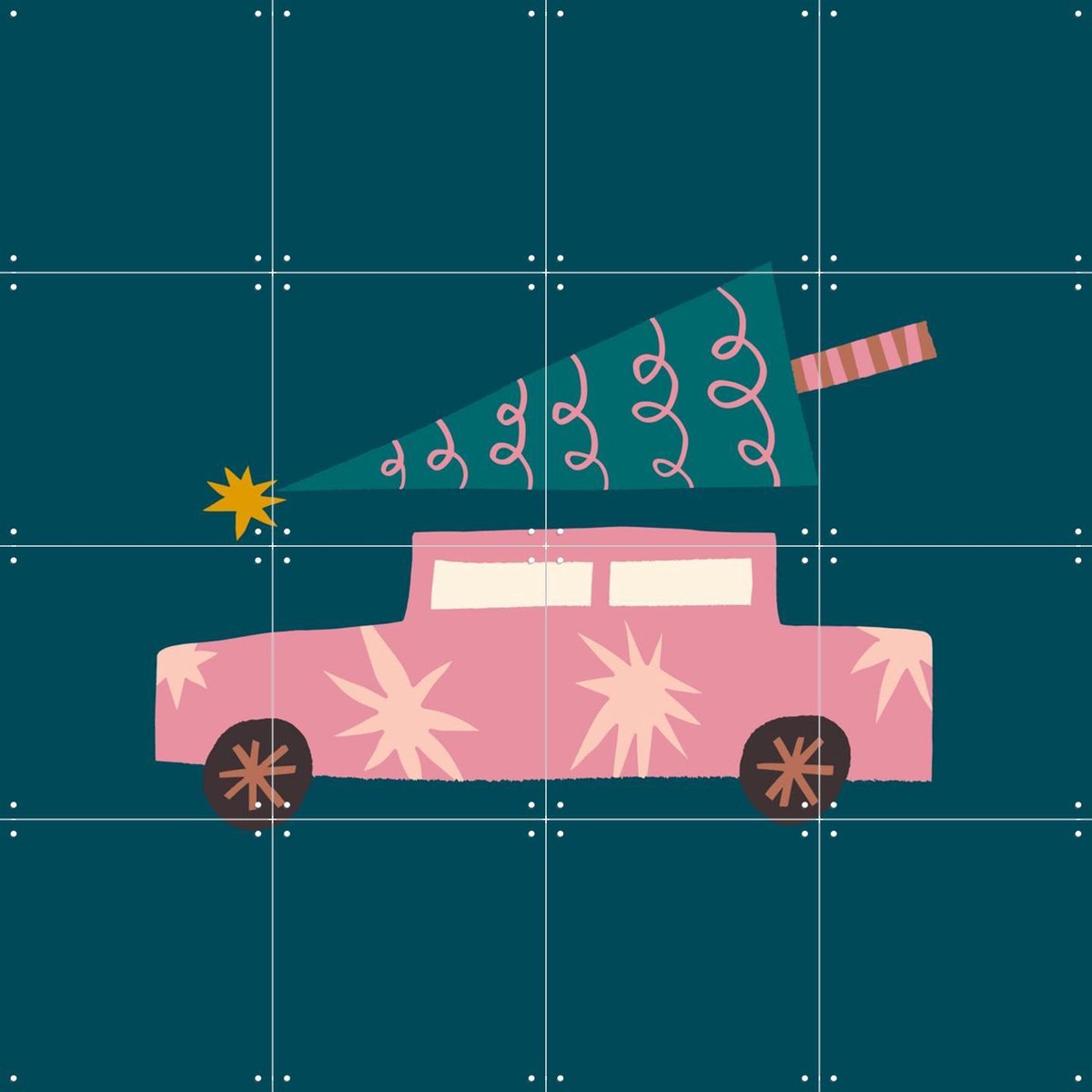 IXXI Happy Christmas Car, Treechild & Various - 80 x 80 cm - Gratis ophangtool - Grote wanddecoratie en posters - Fantasierijk, Kleurrijk