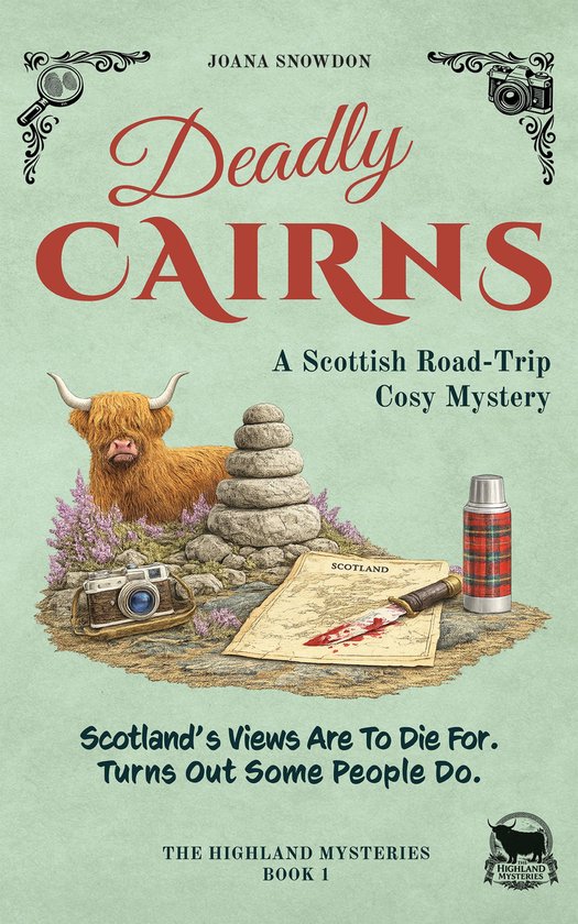 Couverture de livre : Vache des Highlands, carte de l'Écosse tachée de sang, couteau, thermos et appareil photo. Titre : Deadly Cairns.