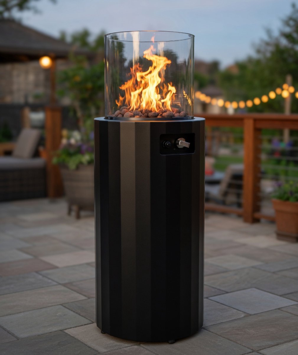 Gas Terrasverwarmer Vrijstaand 103 x 40 x 40 cm – Draagbare Buitenhaard op Propaan met Regelbare Vlam, 8 kW Vermogen, Inclusief Beschermhoes & Verborgen Gasflesopslag – NovaFlame BINO – NoviHome