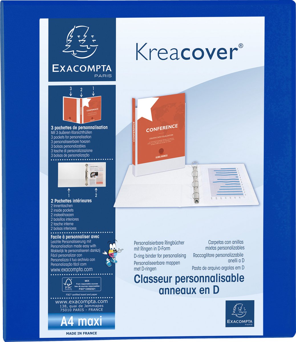 Exacompta 10x Kreacover Ringband in PP met 4 D-ringen van 25mm - A4 maxi - Blauw - 51846BE