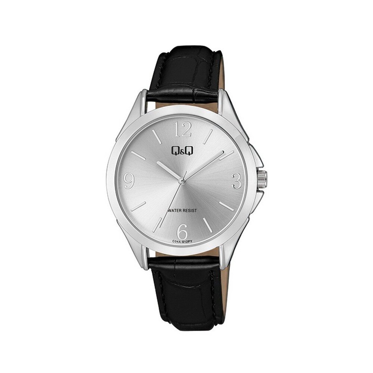 QQ C04A-012PY - Horloge - Vrouwen - Dames - Leren band - Rond - Metaal - Cijfers - Streepjes - Zwart - Goudkleurig