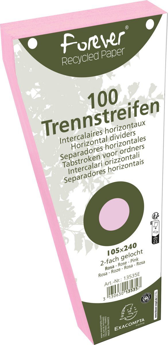 Exacompta 6x FOREVER® Pak van 100 trapezium tabstroken met perforatie 180g - 105x240mm - Roze - 13535E