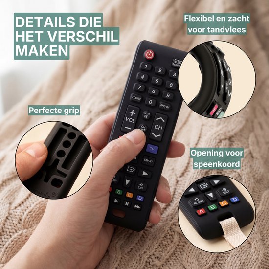 Zwarte afstandsbediening met details: perfecte grip, flexibel, zacht, opening voor speen.