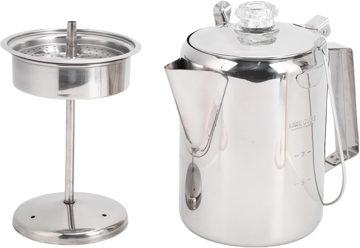Percolator Koffiepot - Koffiezetter Buiten - Kamperen Koffie Maken - Roestvrijstaal Duurzaam - 21x19x14 cm - Zilver