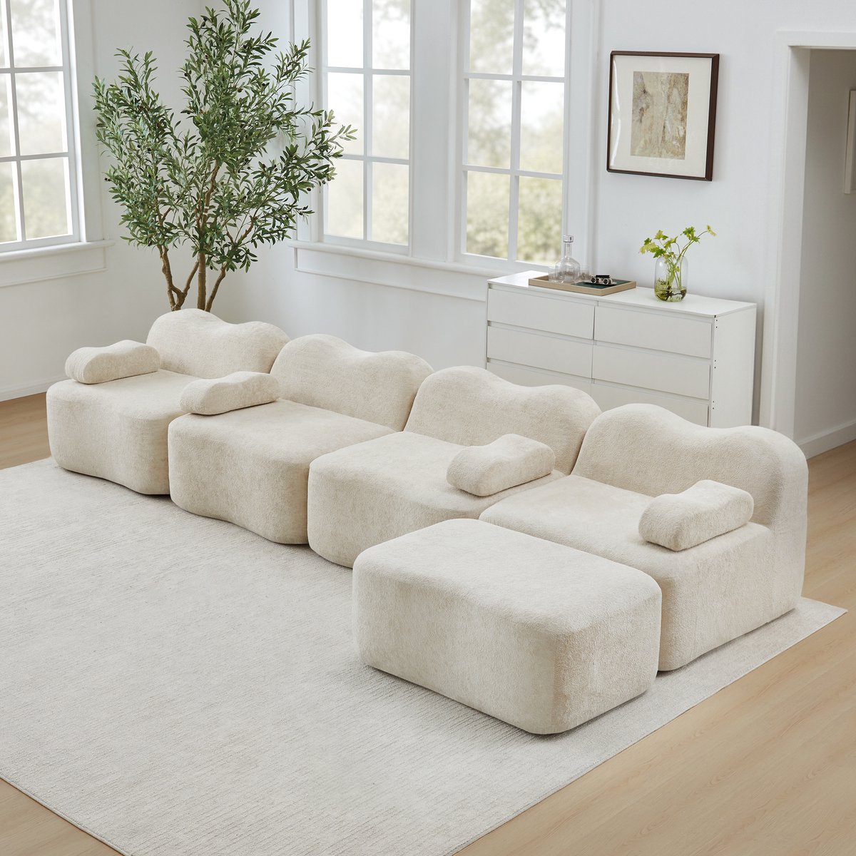 OKWISH Hoekbank - 4-Zits Modulaire Bank Met Hocker En Golvende Vorm - Voor Woonkamer - Fluweel - Beige