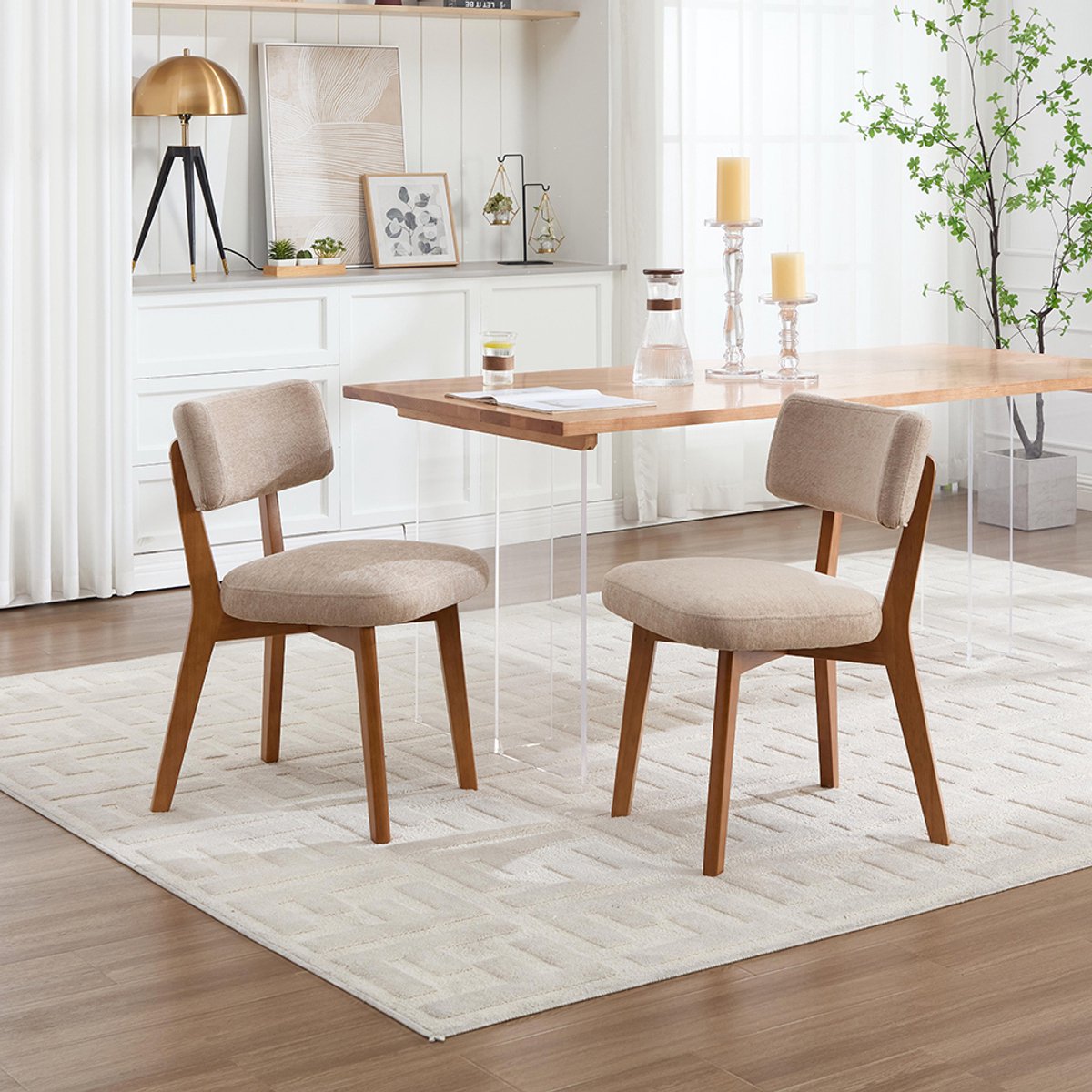 KOMHTOM Set van 2 moderne eetkamerstoelen in mid-century stijl, poten van massief hout, met stof beklede zitting, voor de keuken, eetkamer of kantoor Kaki