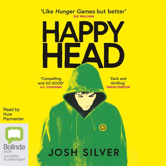 Livre "Happy Head" par Josh Silver. Une capuche verte avec un emoji souriant sur le devant, avec des citations et le titre sur un fond jaune.