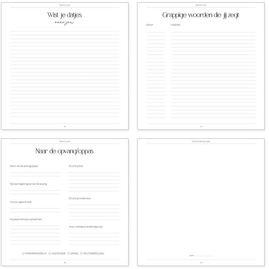 Een opengewerkte pagina uit een babyboek, met de titel 'Wist je datjes over jou' en 'Grappige woorden die jij zegt'.