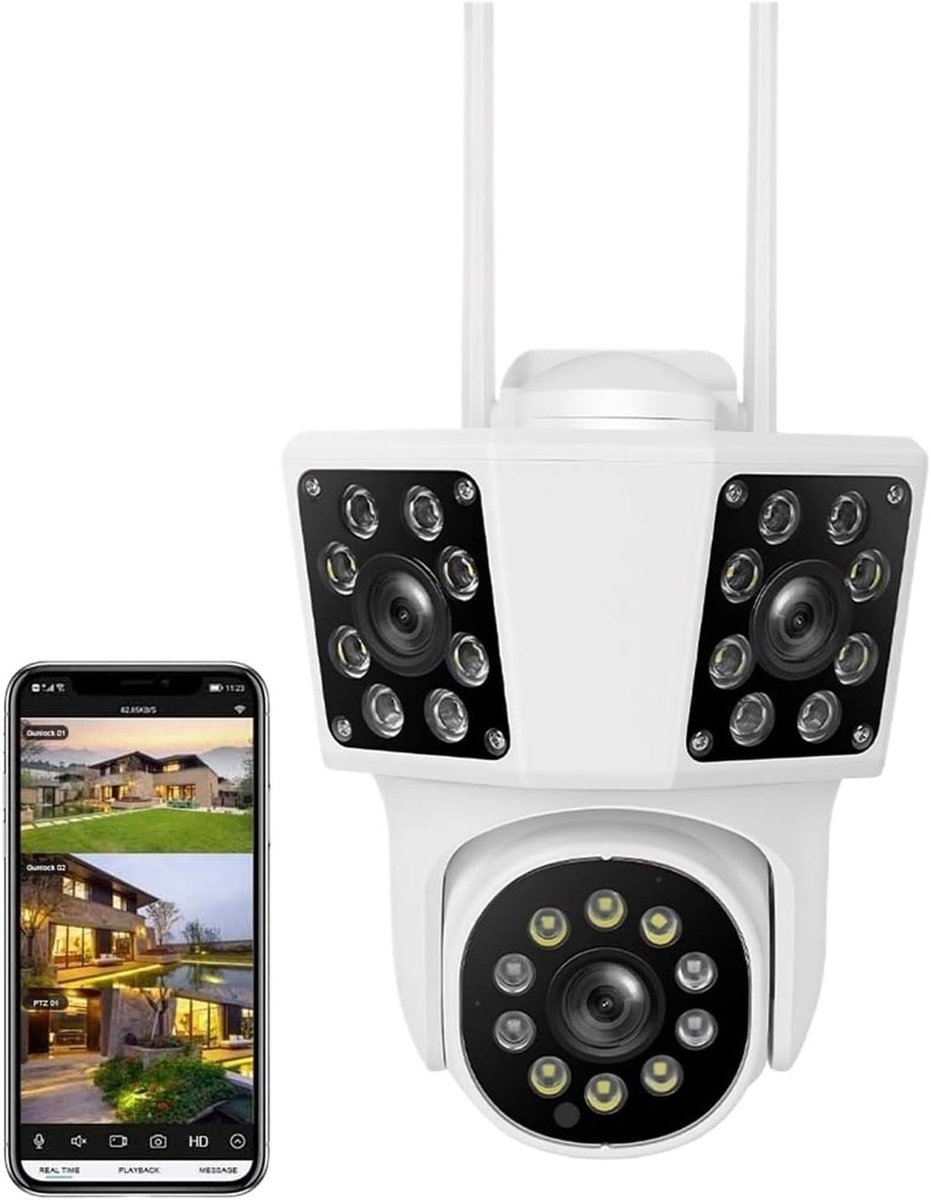 Beveiligingscamera Buiten - IP Camera WiFi - Huisbewaking Exterieur - Drie Lenzen PTZ - 8MP FHD
