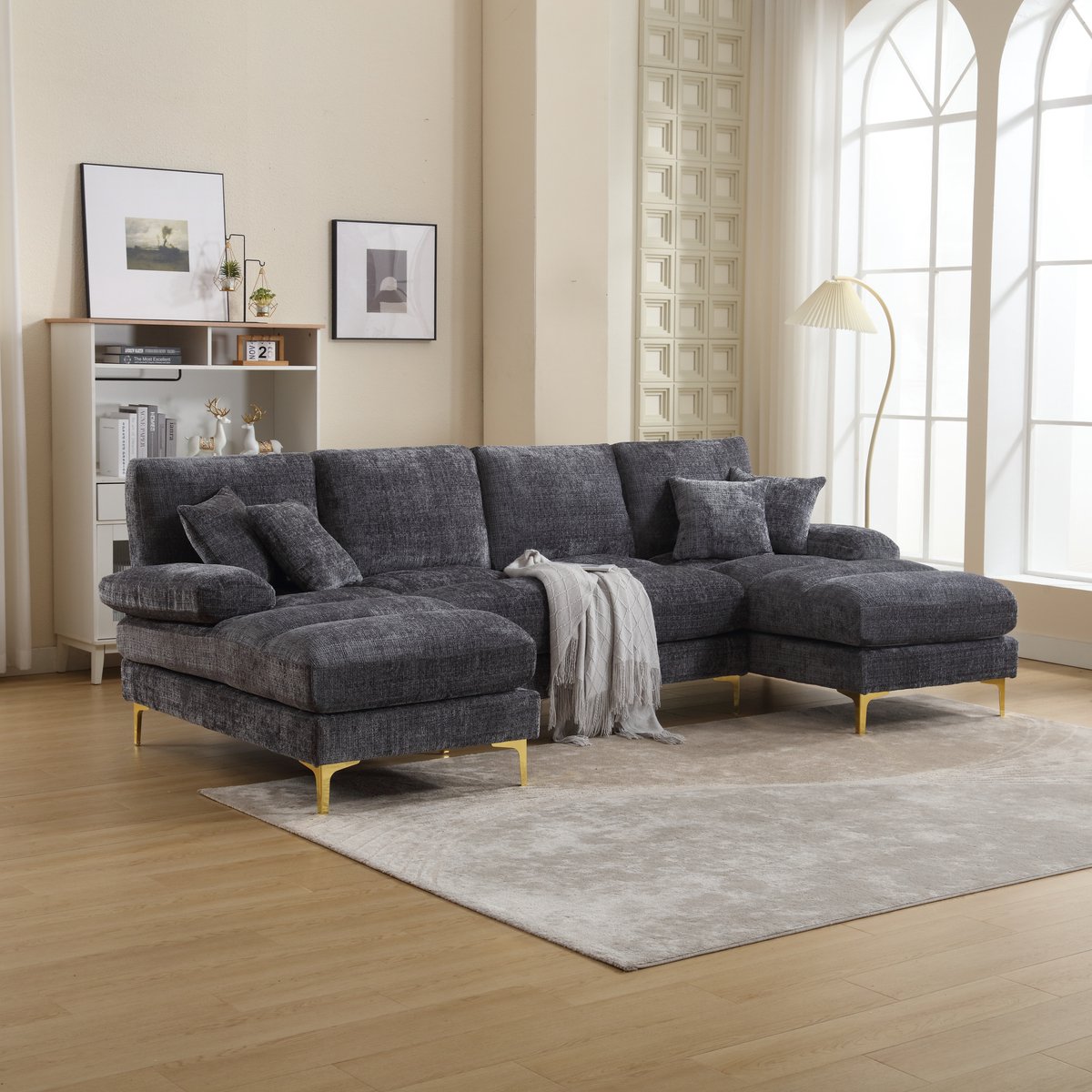 Wishdor Luxe U-Vormige Hoekbank - Moderne Loungebank met Gouden Poten - Huisdiervriendelijk Chenille - 272x136 cm - Grijs