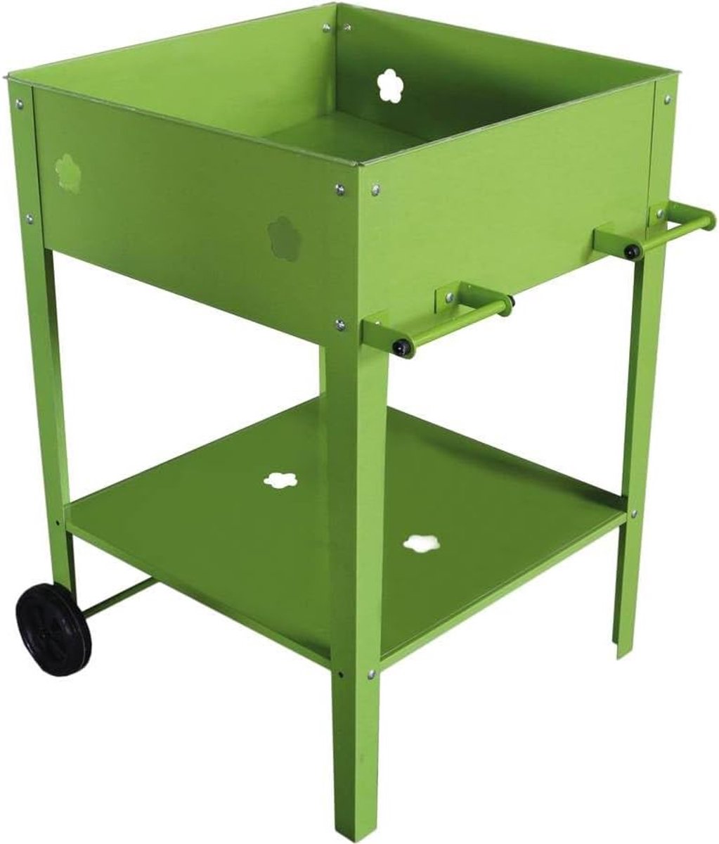 Tuintafel - Oppottafel metaal - Planten verzorgen - Met wielen - 55 x 55 x 80 cm - Groen