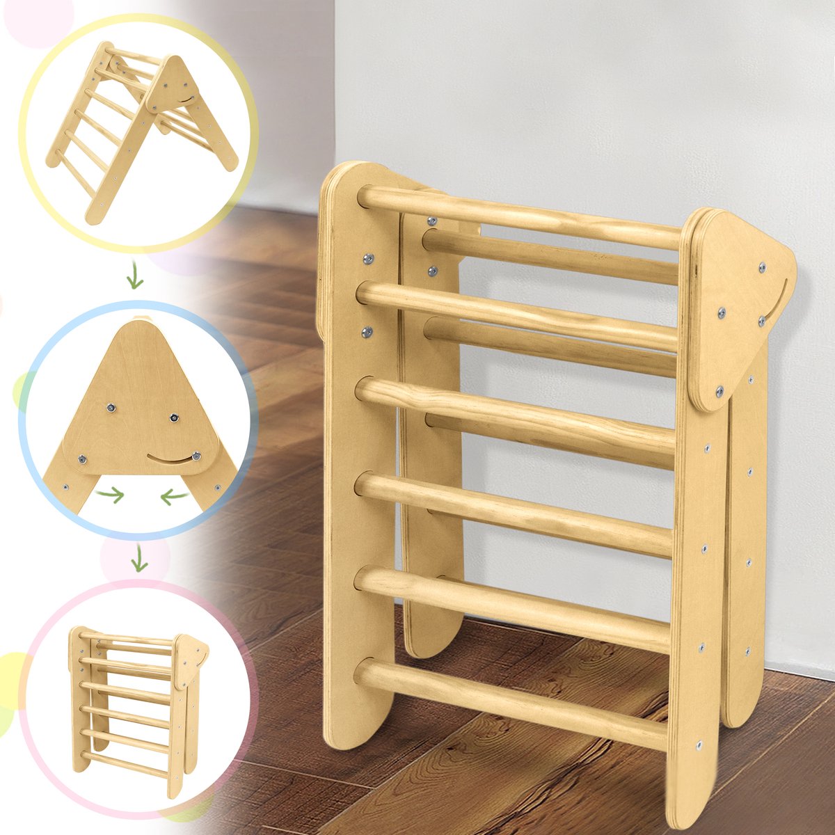 Aufun 3-in-1 houten fitnesstoestel – klimrek en sprossenwand – voor binnen – voor volwassenen