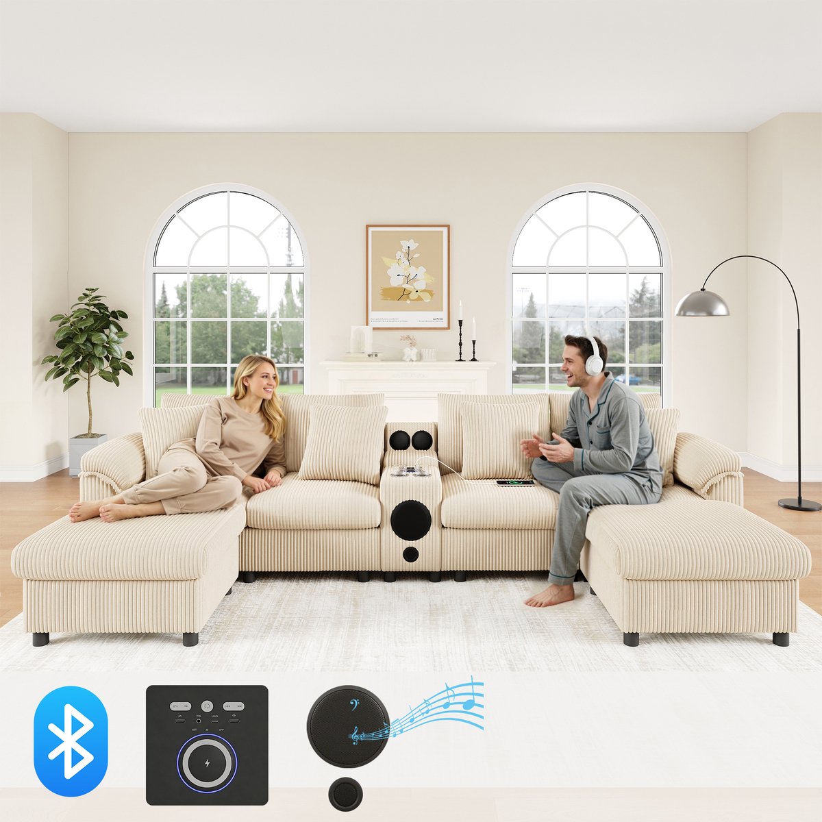 Modulaire U- en L-vormige Corduroy Bank met Bluetooth-luidspreker en Console, U-Bank L-Bank Hoekbank met Opbergruimte, Draadloos Opladen, USB-poorten, Bekerhouders en Kussens, Beige