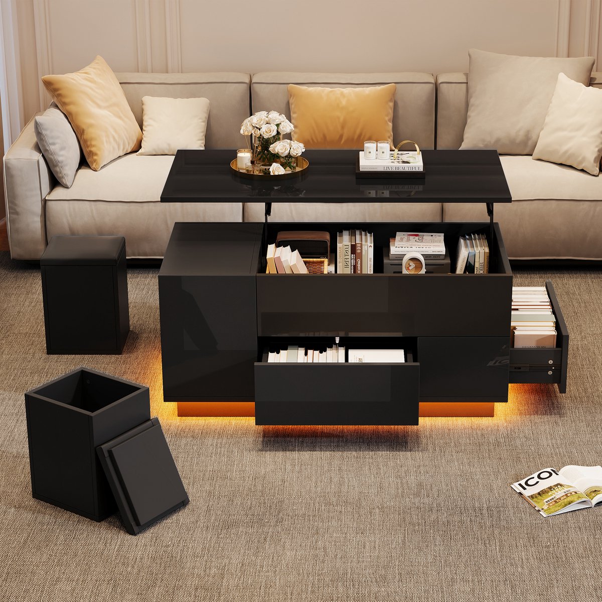 Clruro Salontafel - 100 x 50 x 45 cm - 4-in-1 Verstelbare Salontafel met LED en Laden - MDF - Zwart