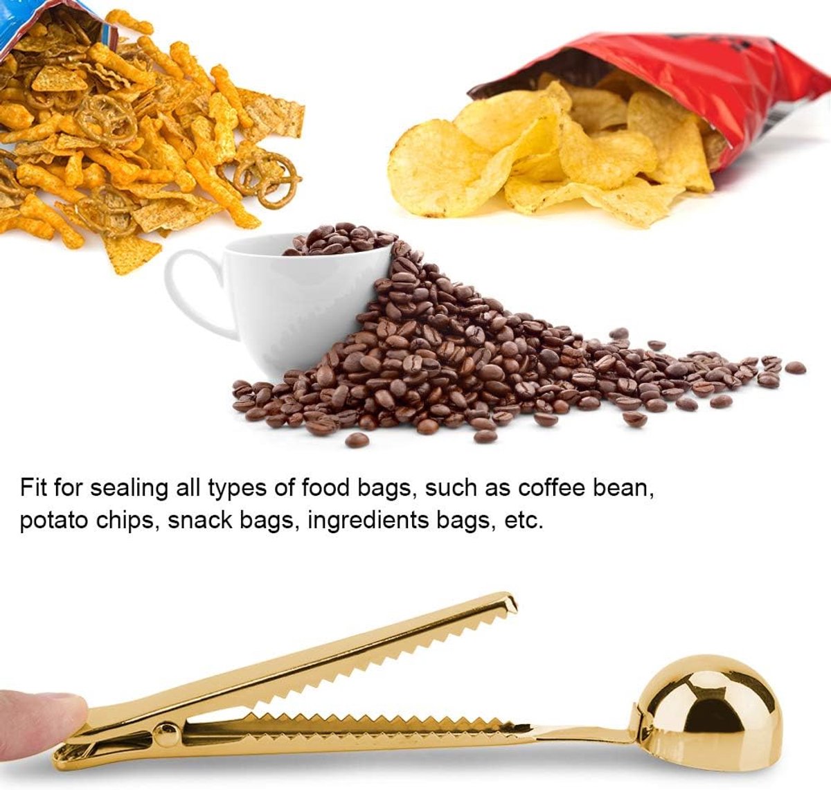 Koffielepel met Klem - Maatlepel Keukenlepel - Nauwkeurig Meten - Afdichtingsklem Ontwerp - 17.5 cm Lengte - Zilverkleurig
