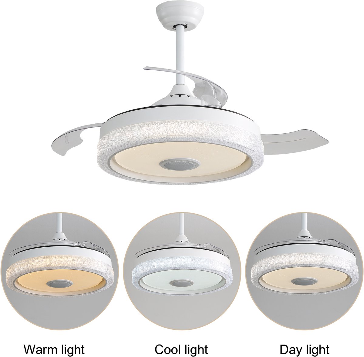 LED-verlichting - Instelbare lichtkleur - Plafondlamp met ventilator en verlichting - 42-inch plafondventilator met verlichting – uitgerust met 32W meerkleurige LED's (3 kleurtemperaturen + RGB) – 3 ABS-ventilatorbladen en DC-motor