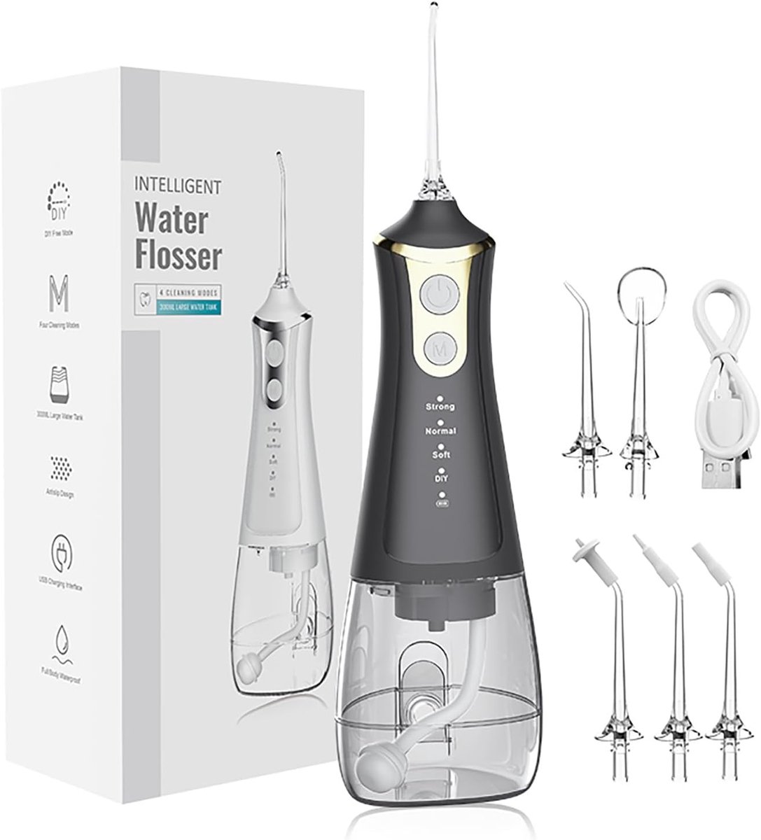 Professionele Oplaadbare Monddouche - 5 Mondstukken 4 Modussen Waterflosser - voor Beugelverzorging Thuis & Reizen - Zwart - 1 Stuk