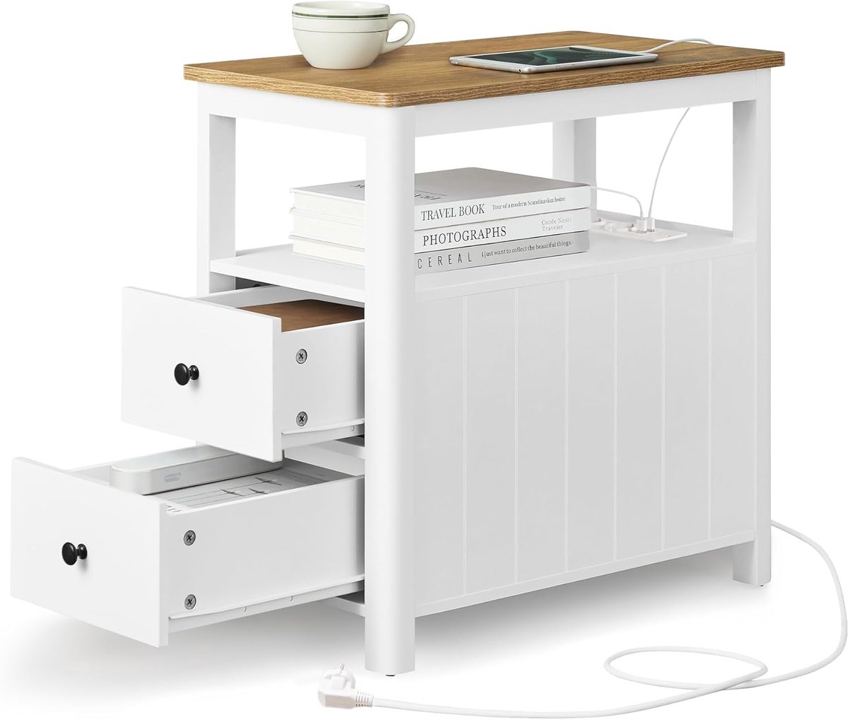 Furnstar Smalle Bijzettafel met Stopcontact – 2 Laden – Tafel voor Kleine Ruimtes – Maritiem Design – Walnootbruin & Wit