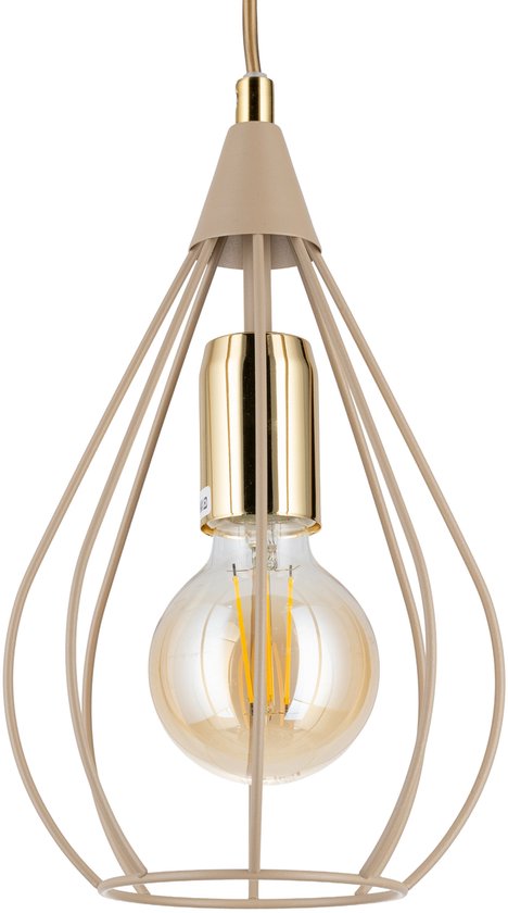Beige metalen kooi hanglamp met een goudkleurige fitting en een heldere gloeilamp.
