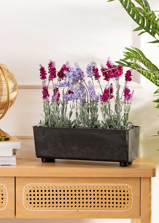 Zwarte rechthoekige plantenbak met betonlook, gevuld met paarse en roze bloemen.