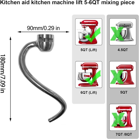 Kneedhaak Roestvrij Staal - Spiraal Deeghaak - Bakken Thuis - Voor Kantelkop Mixers - 5QT 6QT van Merkloos — afbeelding 3
