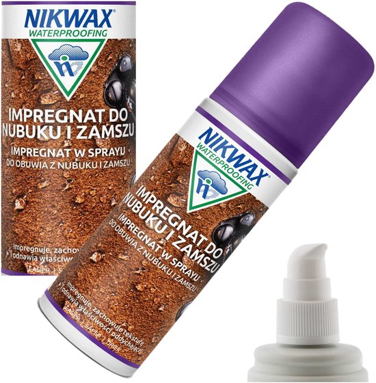 Nikwax spray voor nubuck en suède. Paarse spuitbus met bruin label.