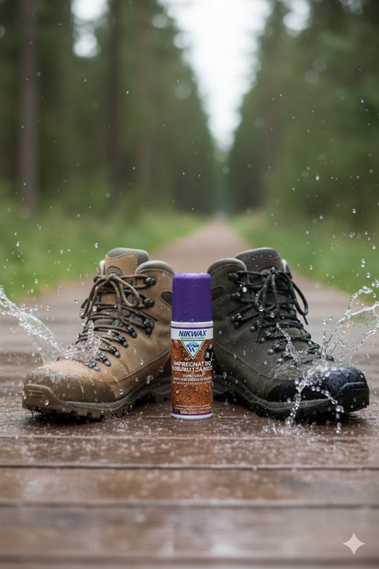 Twee paren wandelschoenen, één bruin en één groen, met Nikwax spray ertussen, in de regen.