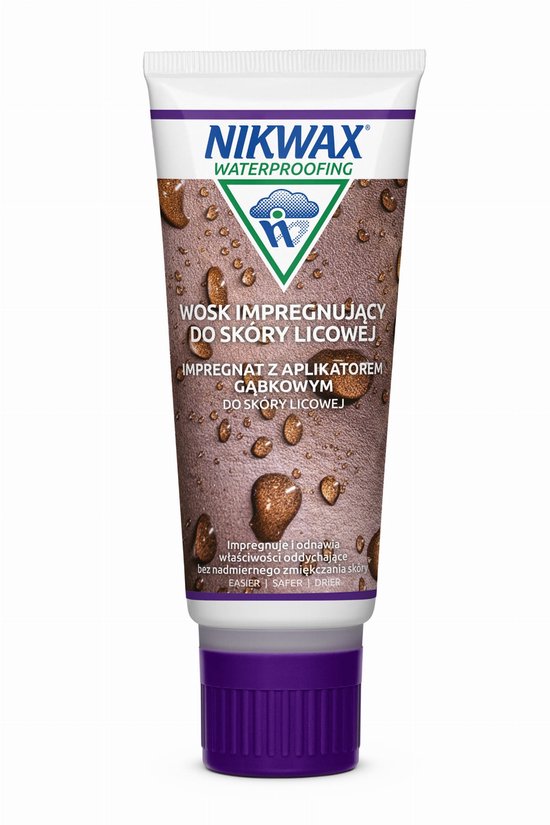 Tube Nikwax waterdichtingswax voor glad leer, met sponsapplicator, bruine textuur met waterdruppels.