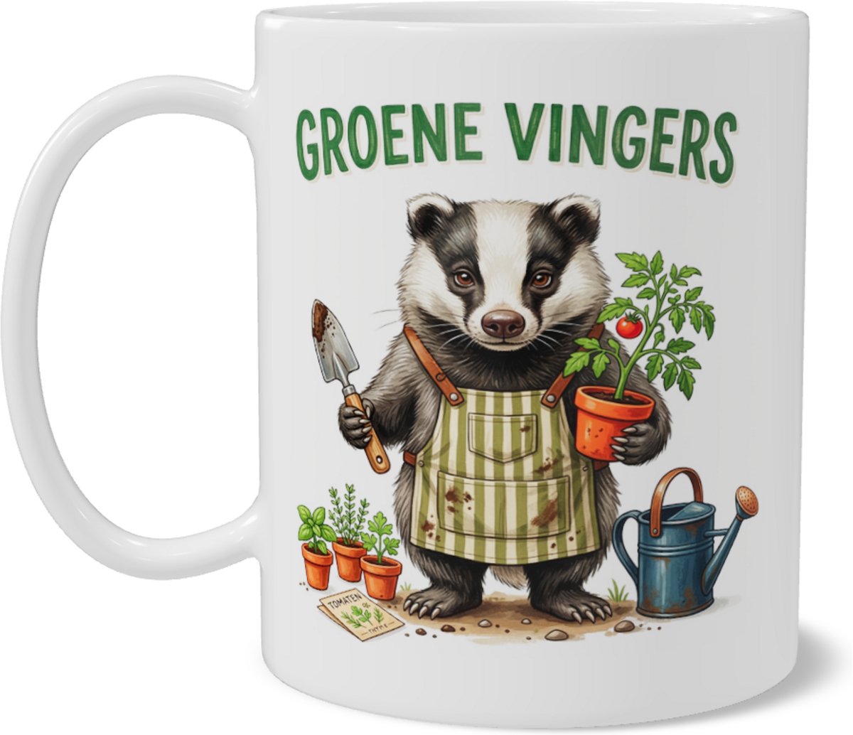 Mok Das Groene Vingers - Grappige Koffiemok met Tuinierende Das en Tomatenplant - Cadeau voor Tuinier of Plantenliefhebber - Schattige Dieren Mok - Cadeau Dieren
