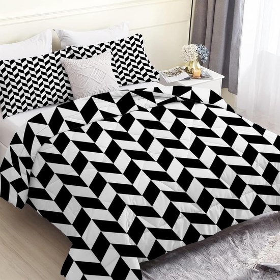 Tweepersoons Dekbed - Zonder Overtrek - Hele Seizoen - Omkeerbaar Visgraatpatroon - 200x200cm - Zwart Wit