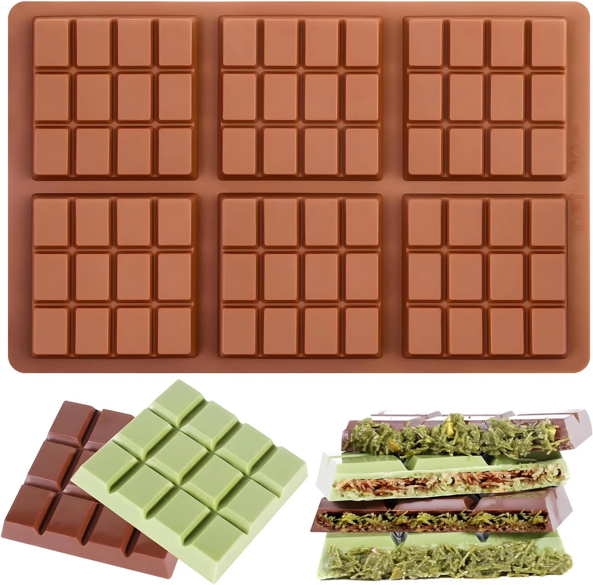 Gelchocoladevorm, Geschikt voor 6 chocolaatjes, BPA-vrij, antiaanbaklaag - bruin.